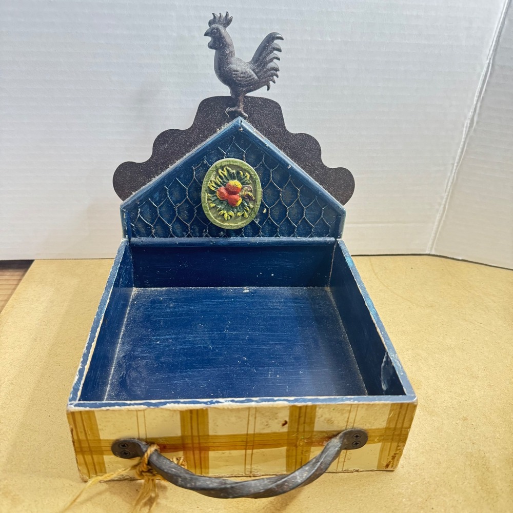 Tracy Porter Stonehouse Farm Rooster Napkin Holder Blue Plaid Wood‎ Metal Rustic